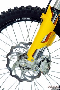 Skid row: The Husqvarna FC450’s Brembo brakes come with a 260mm front rotor and beaucoup pucker power.