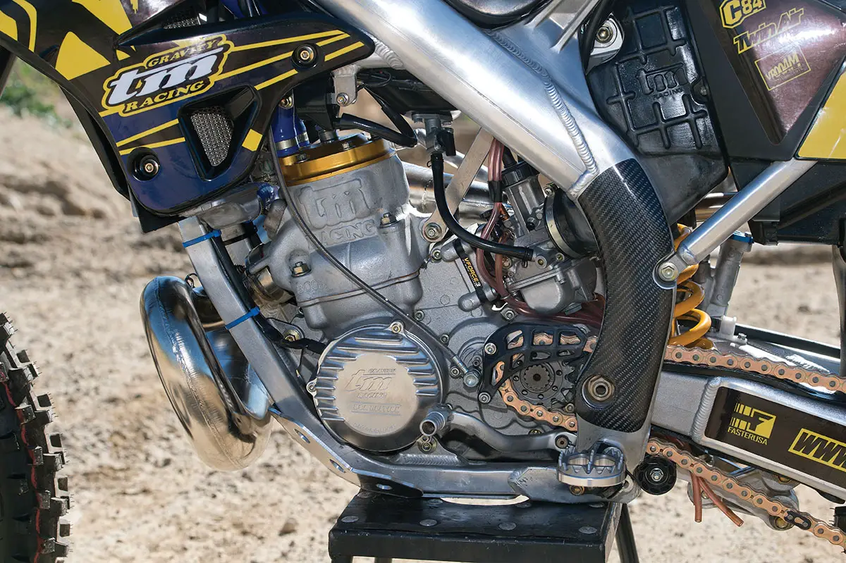 Apart from the VHM cylinder head and ProX piston, the only horsepower mod that was made to the TM project bike was to start with a TM 300MX instead of a TM 250MX. With a 5.6mm-larger bore, the 300MX churns out impressive torque.