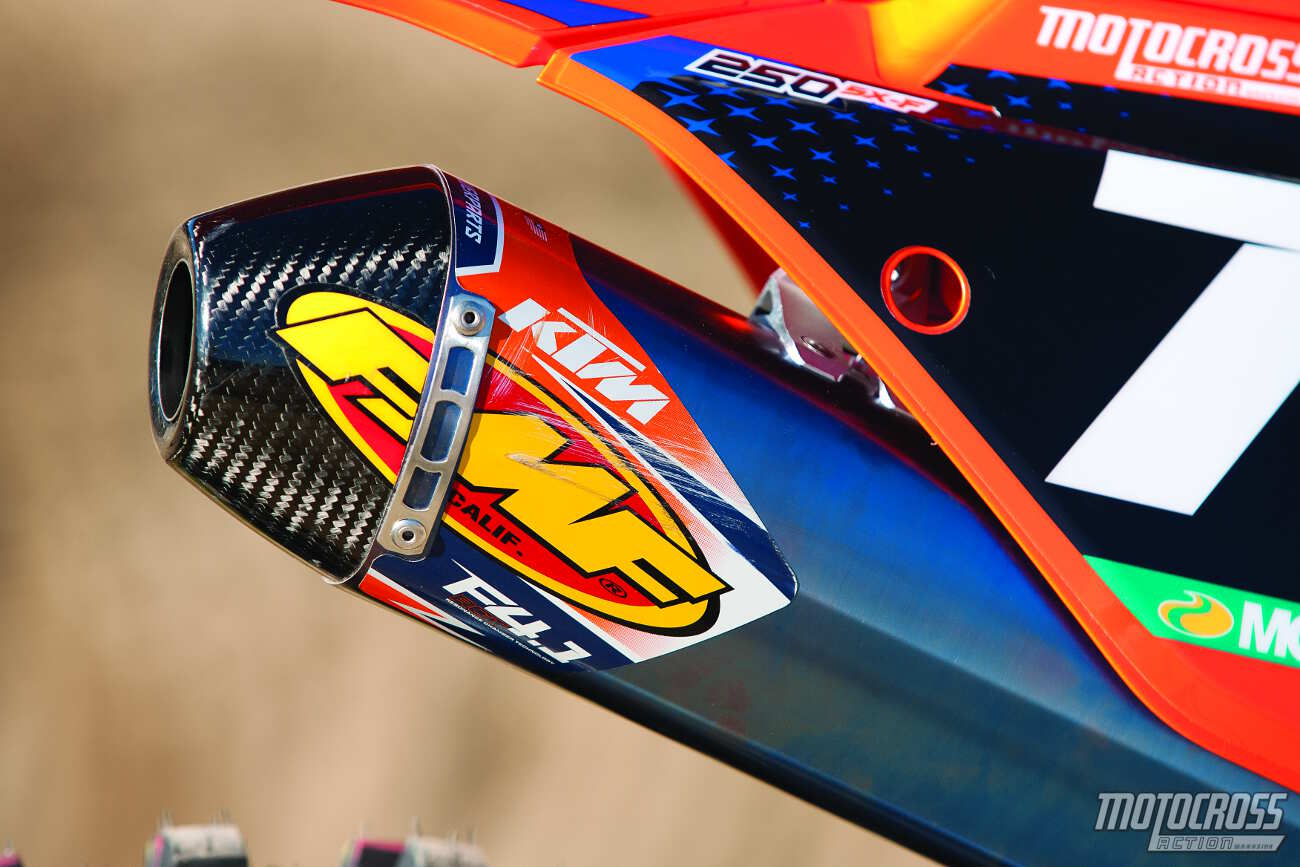 The FMF muffler attaches to the stock KTM head pipe, but in back-to-back tests the stock KTM muffler ran better.