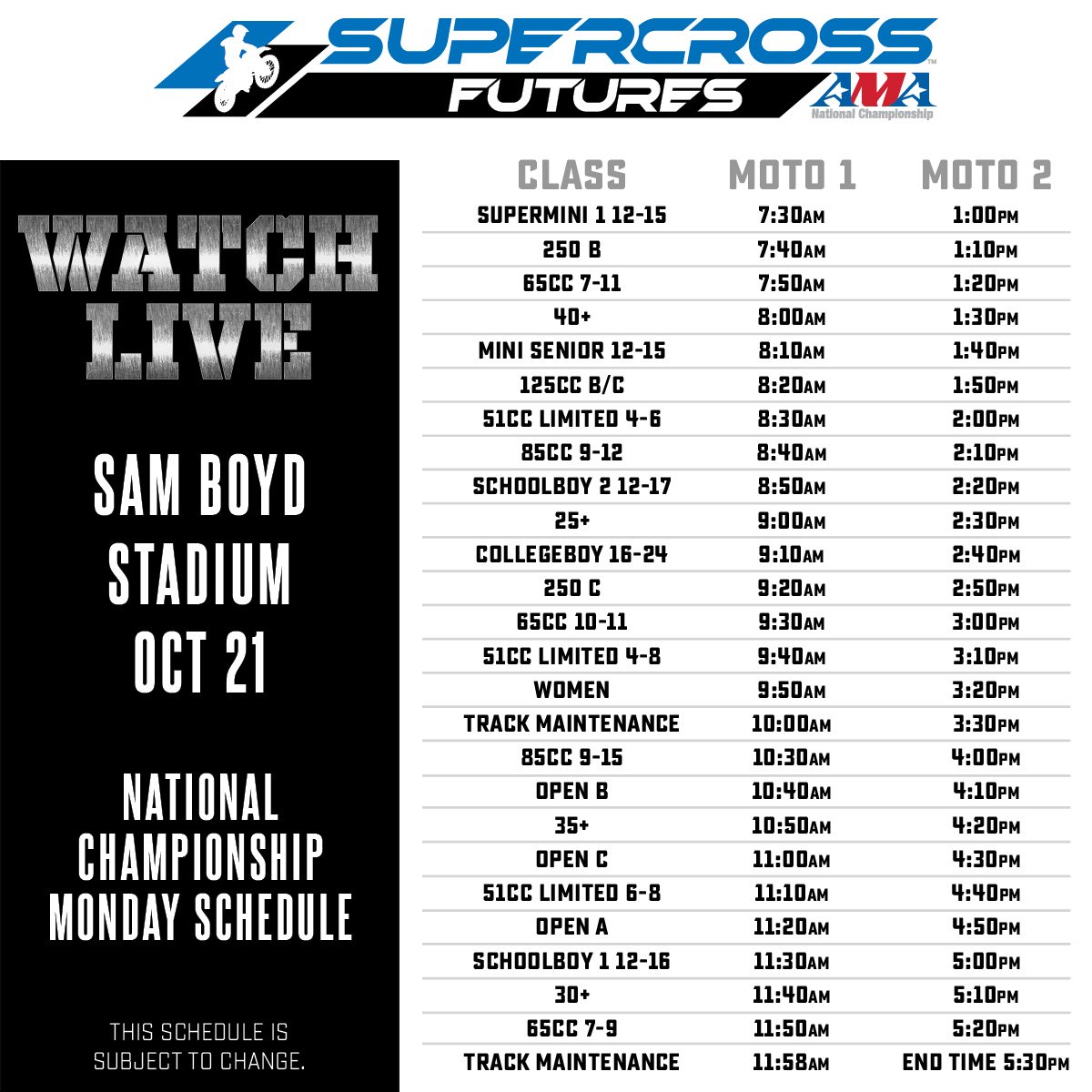 Schema voor livestream van Las Vegas Supercross Futures 2019