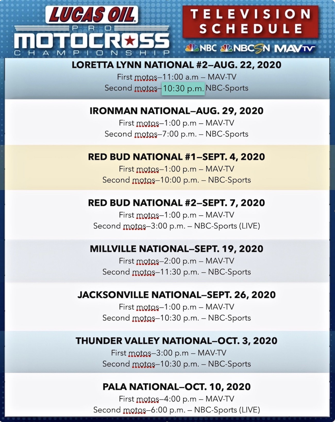 LATEST 2020 AMA NATIONAL TV SCHEDULE SECOND MOTOS TO BE LIVE ON SATURDAY ON NBC