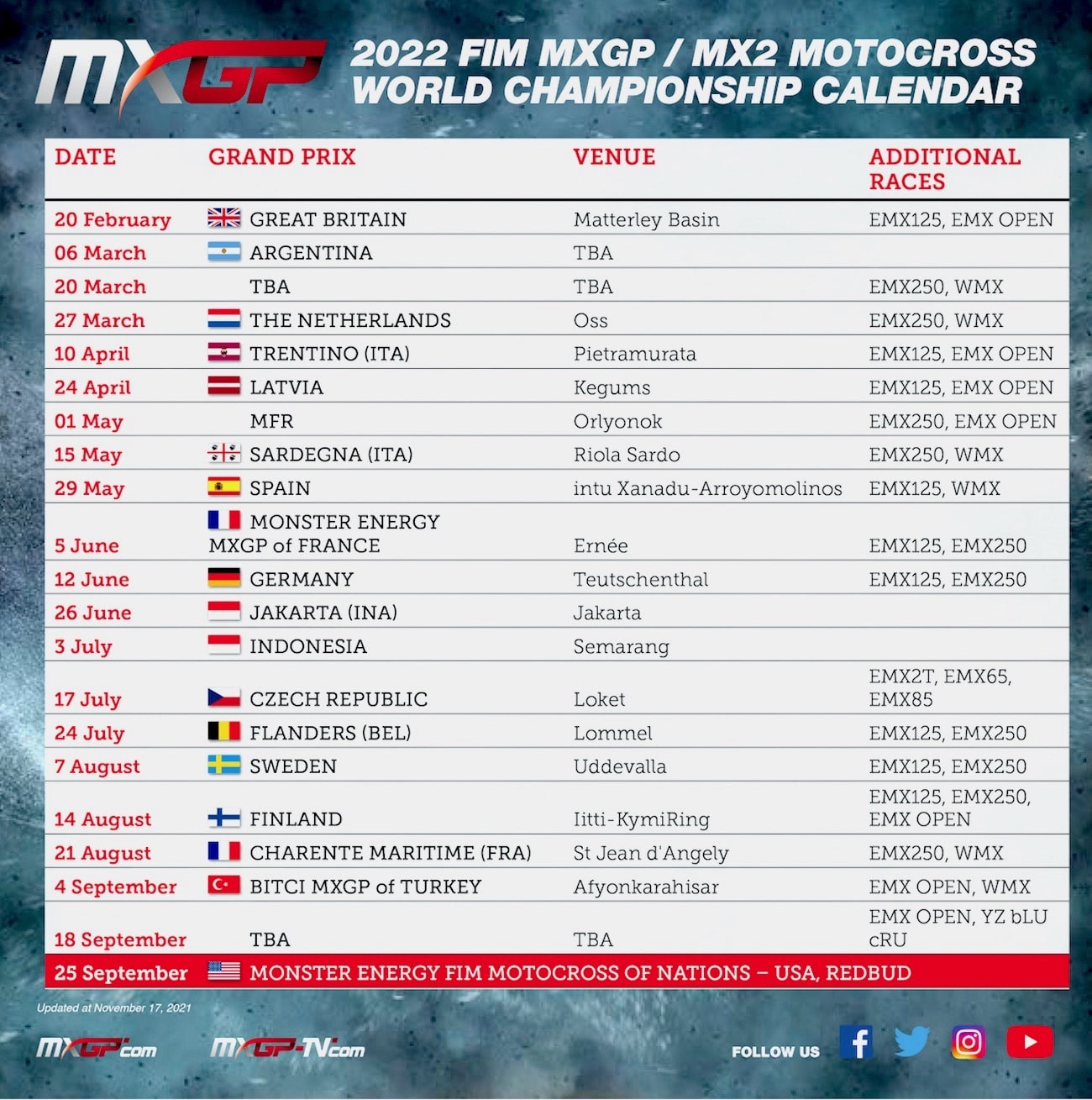 Calendrier Motocross Normandie 2023 2022 Fim 250/450 World Motocross Championship Schedule Announced - Motocross  Action Magazine