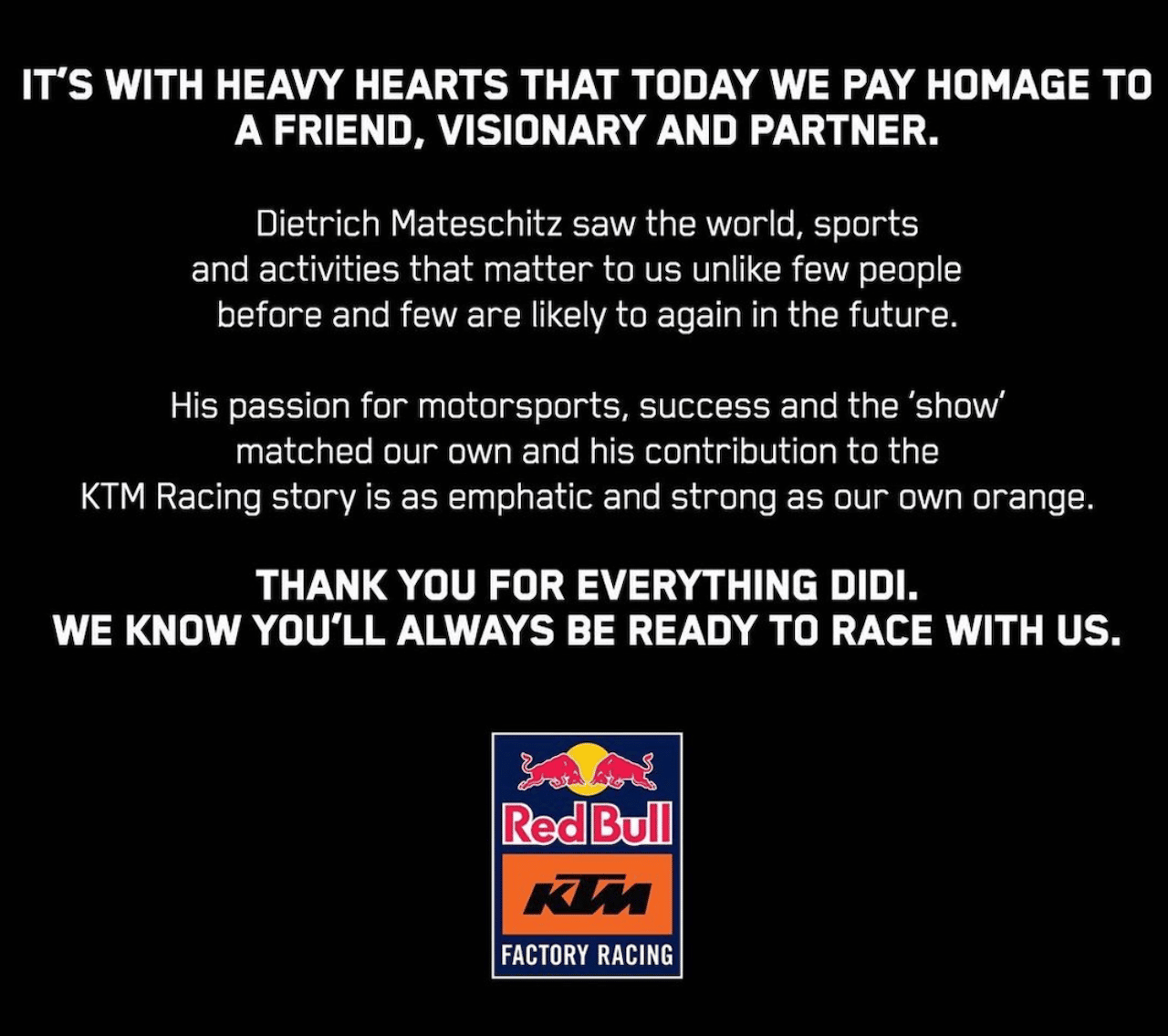 KTM osoittaa kunnioitusta Dietrich Mateschitzille