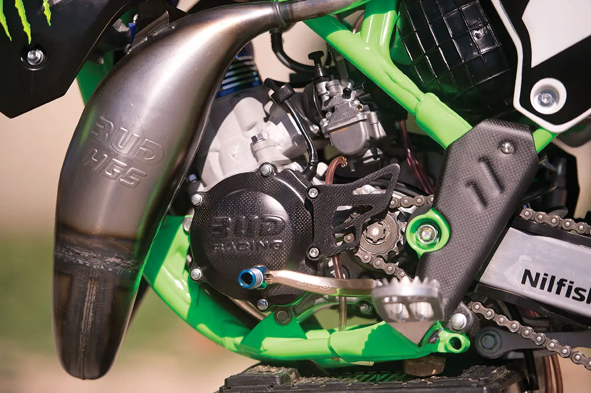 Thanks to a massive piston and a stroker crank, the Bud Racing KX112 needs the added cooling of a second radiator.