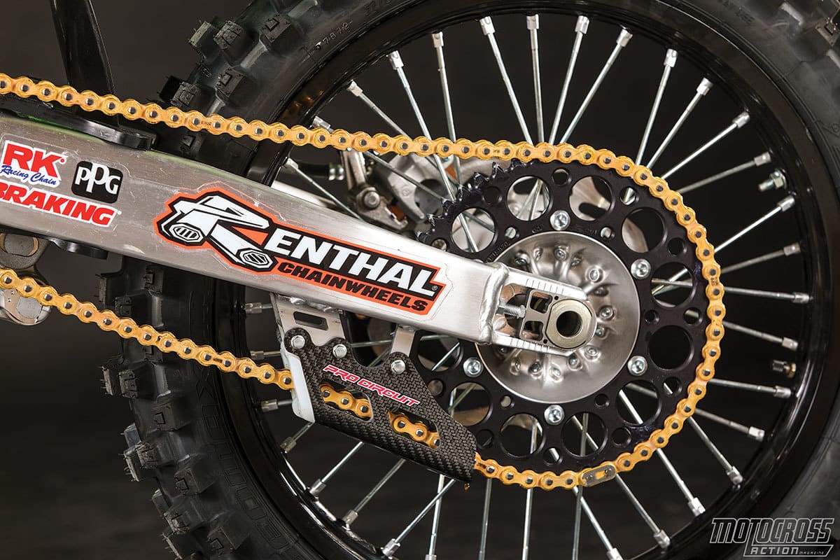 Renthal handled the drive system for the Pro Circuit KX250F. The carbon fiber chain guide is a luxury item.