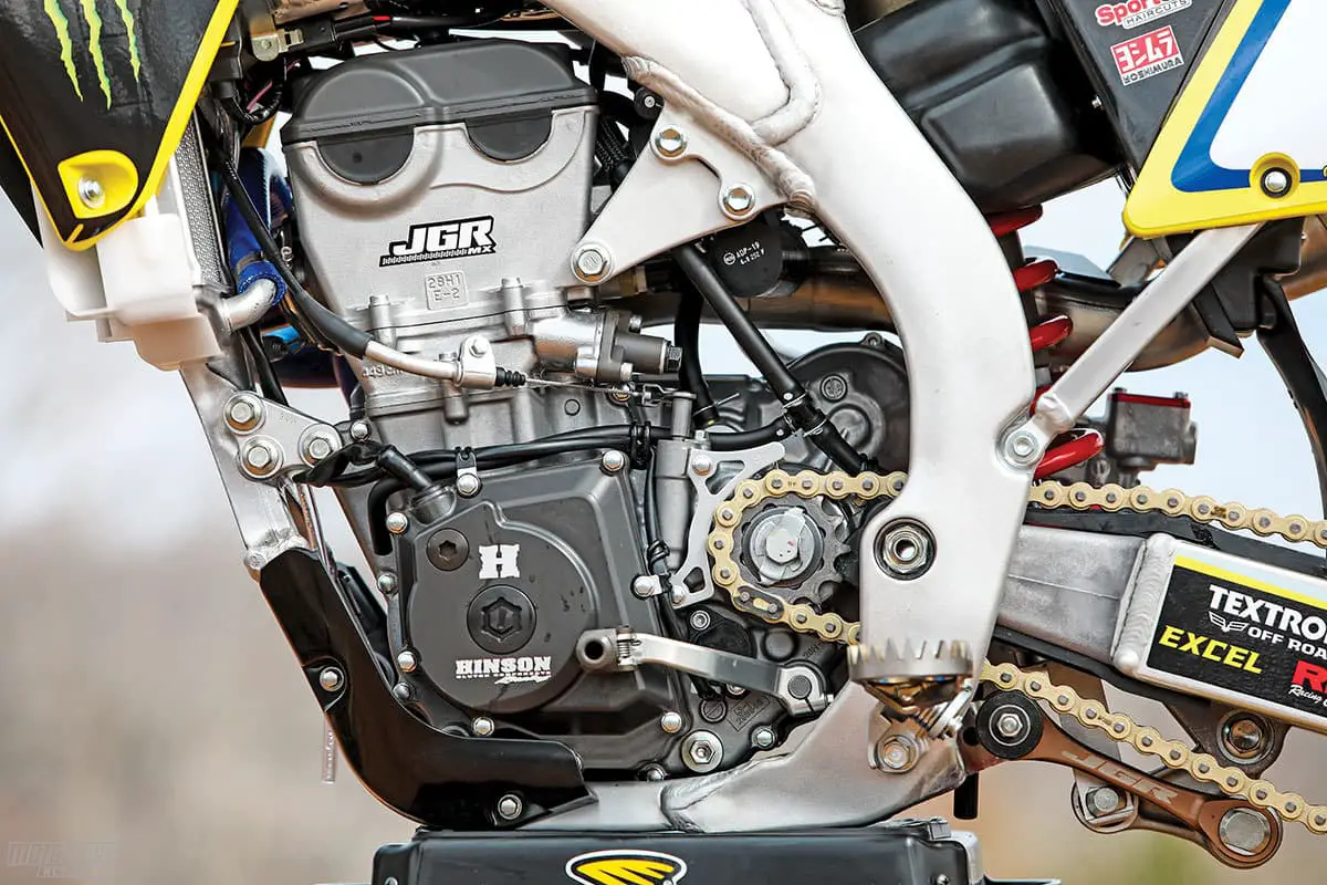 The internals of this RM-Z450 engine were the spitting image of JGR’s race team bikes, save for a cut cylinder so it could run on pump gas. It increased power across the board and had to be managed with the GET system to tone the power down.